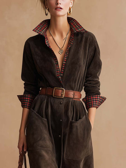 Abito a collare in suede scuro marrone retro con patchwork a quadri (Include cintura)