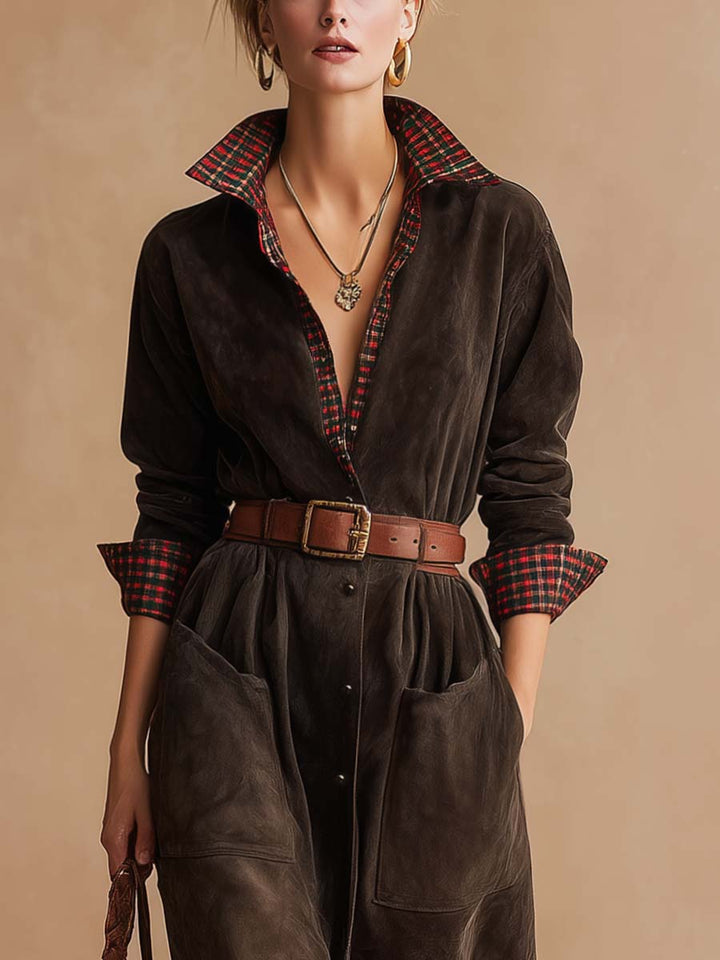 Abito a collare in suede scuro marrone retro con patchwork a quadri (Include cintura)