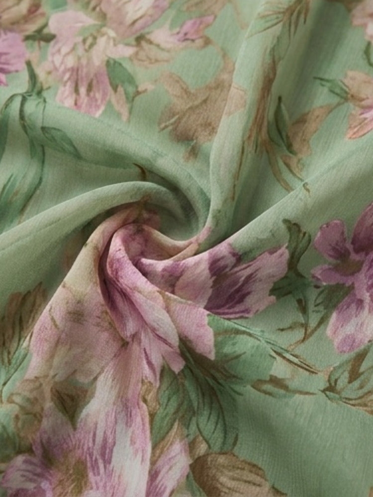 Abito Maxi Halter in Chiffon Verde a Fiori