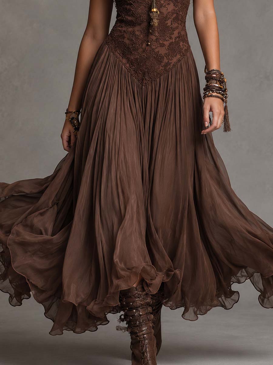 Abito Maxi in Chiffon con Pannelli in Pizzo Marrone Scuro