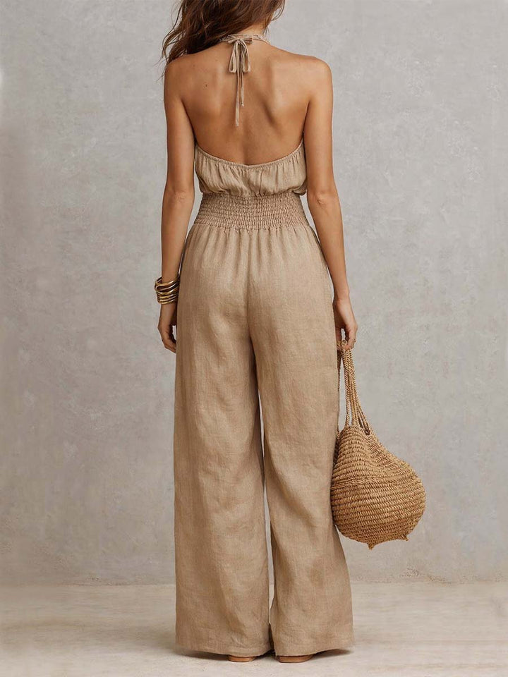 Jumpsuit khaki con scollo all'americana e vita alta