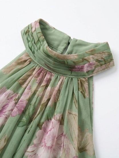 Abito Maxi Halter in Chiffon Verde a Fiori