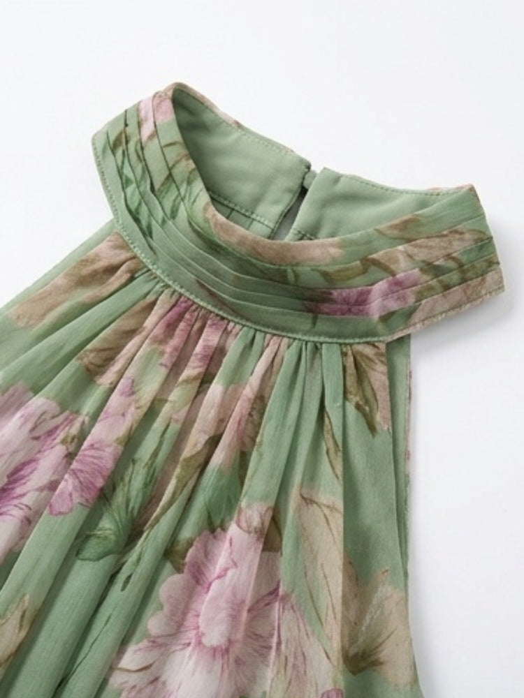 Abito Maxi Halter in Chiffon Verde a Fiori