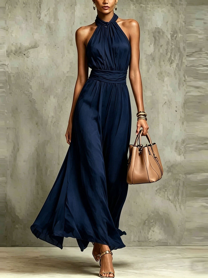 Abito Maxi Chiffon a Collo Halter di Colore Unito