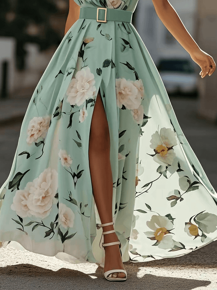 Abito Maxi in Chiffon Verde Chiaro con Fiori Arricciato a Spalla Unica A-Line