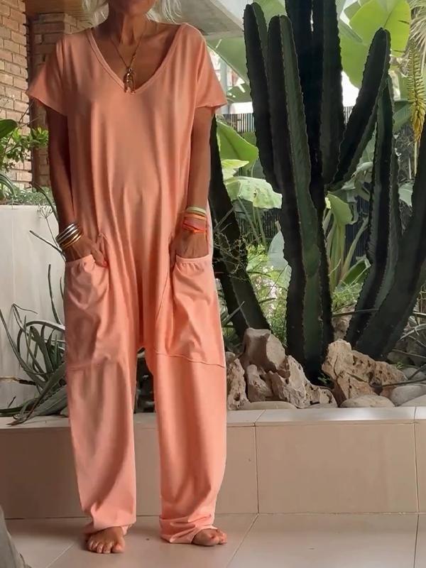 Tuta Casual con Collo a V in Colore Unito