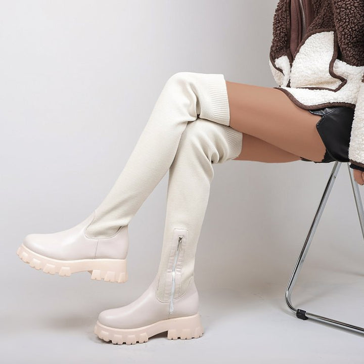 Stivali da donna platform in flyknit con punta rotonda sopra il ginocchio