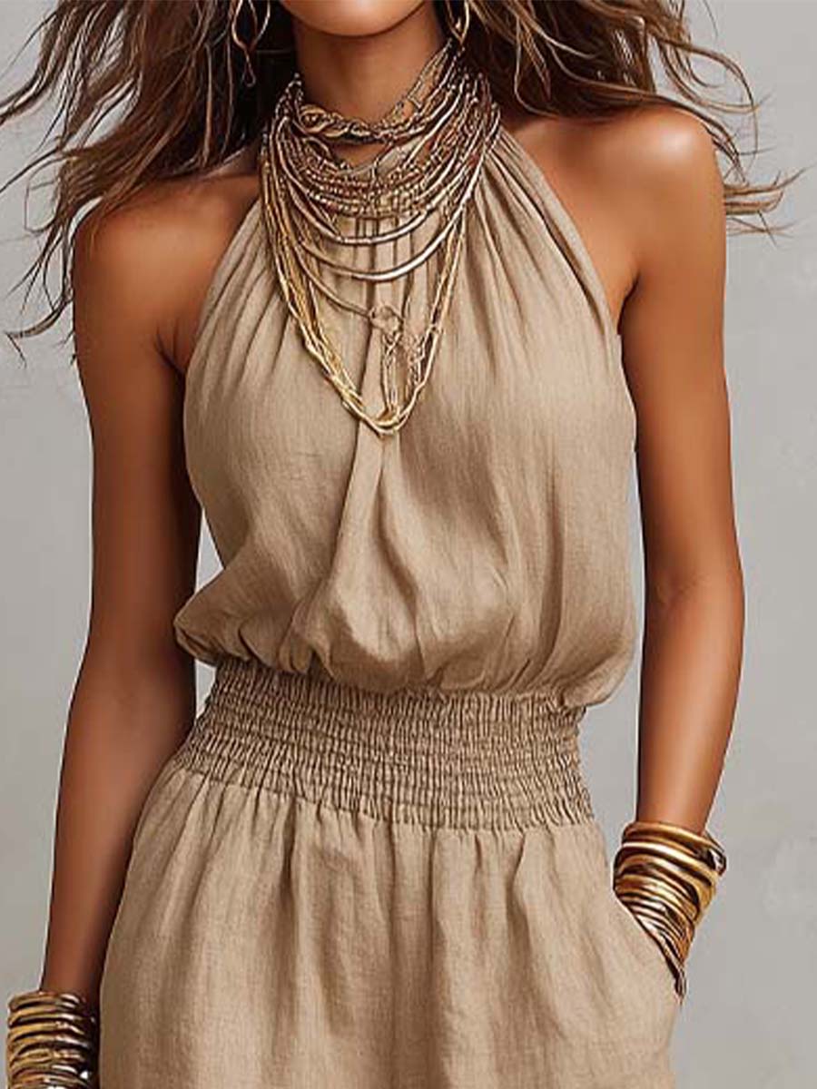 Jumpsuit khaki con scollo all'americana e vita alta