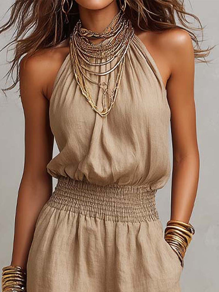 Jumpsuit khaki con scollo all'americana e vita alta