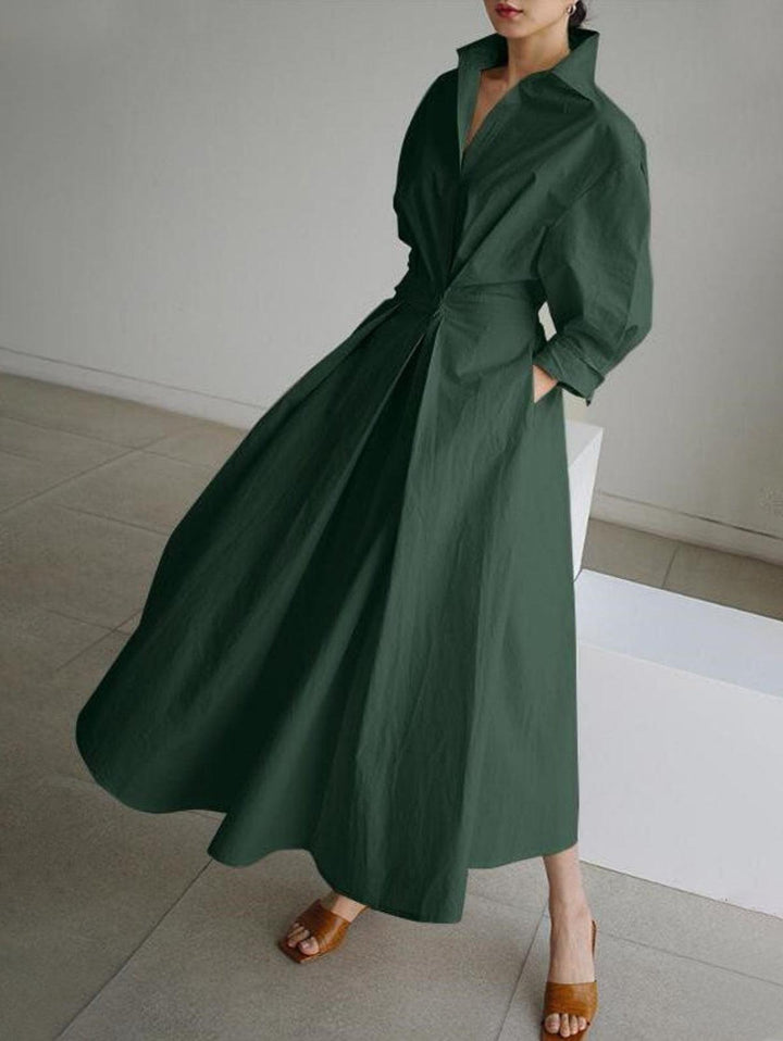 Abito Midi Solido con Colletto a Risvolto e Bottoni Elegante