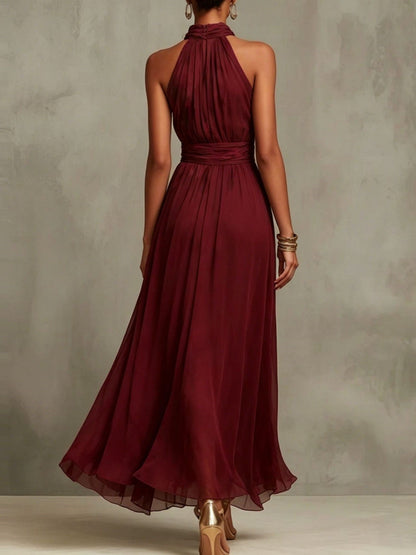 Abito Maxi Chiffon a Collo Halter di Colore Unito