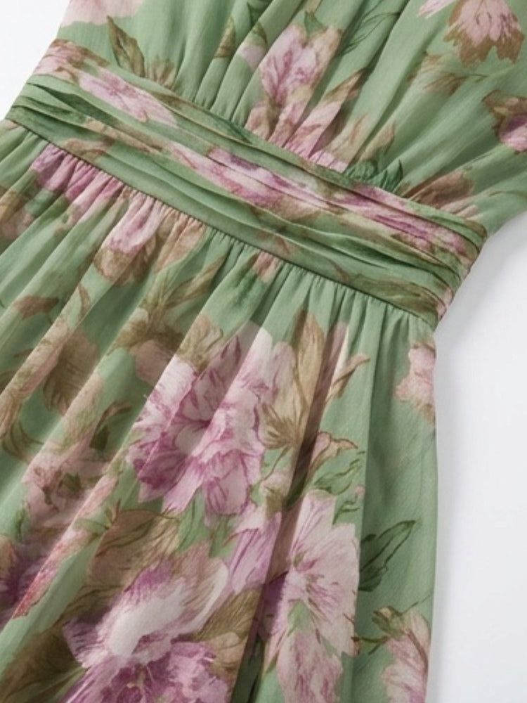 Abito Maxi Halter in Chiffon Verde Floreale