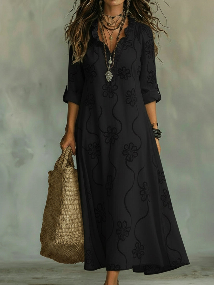 Abito Midi con Colletto Ruffle e Stampa Floreale Elegante