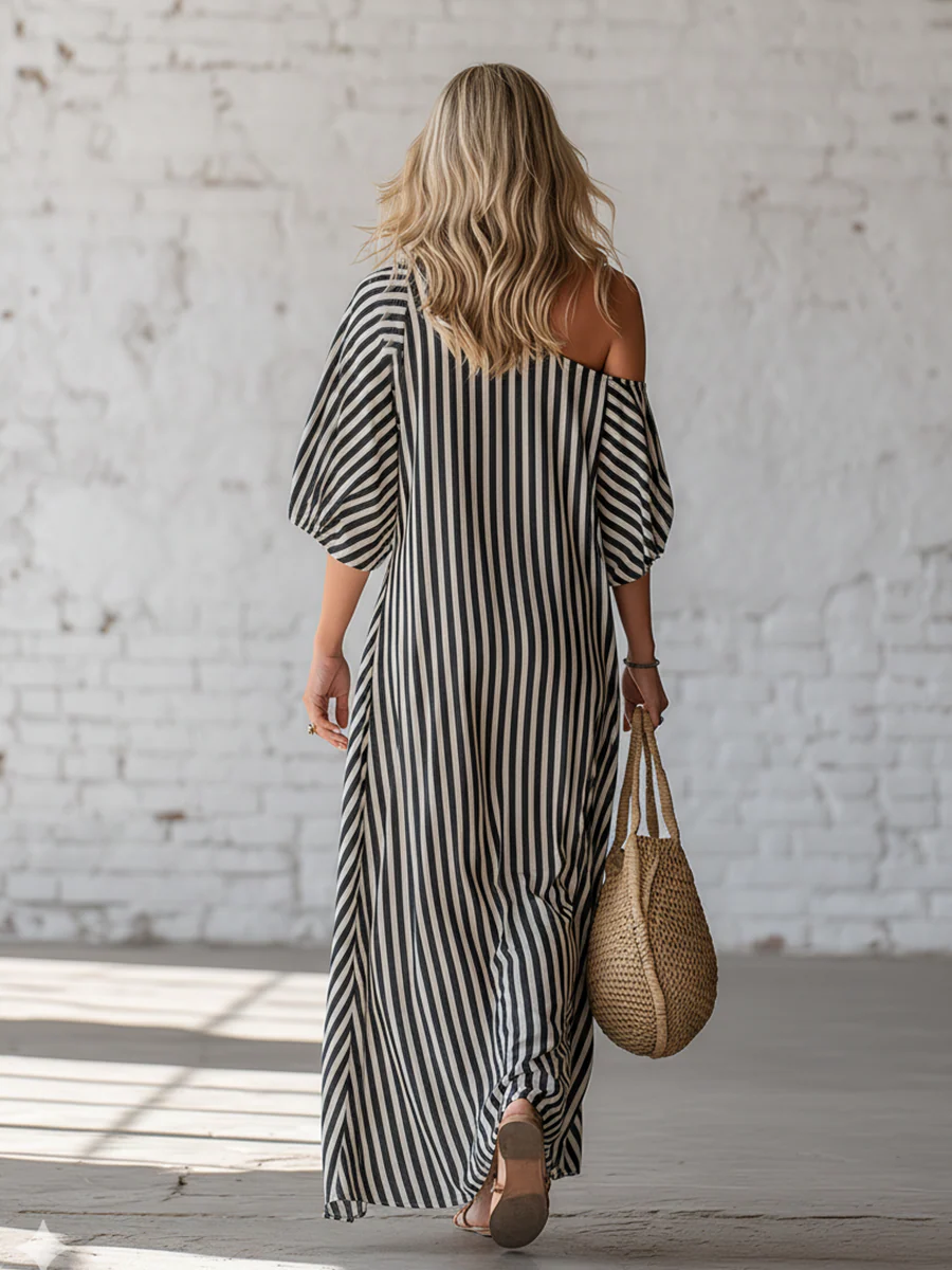 Abito Maxi Elegante e Classico a Righe con Spalle Scoperte