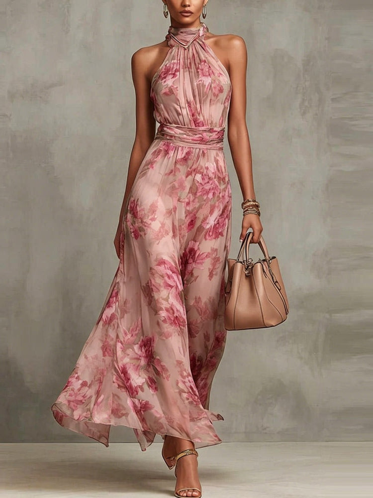Abito Maxi Halter in Chiffon Verde Floreale