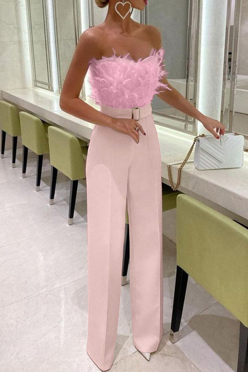 Jumpsuit Slim Senza Maniche con Spalle Scoperte in Piuma Sexy