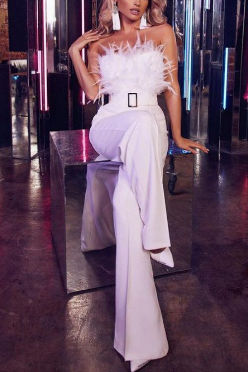 Jumpsuit Slim Senza Maniche con Spalle Scoperte in Piuma Sexy