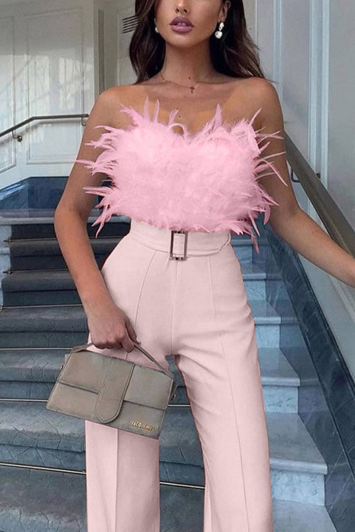 Jumpsuit Slim Senza Maniche con Spalle Scoperte in Piuma Sexy
