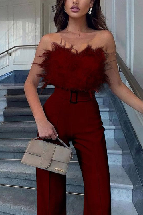 Jumpsuit Slim Senza Maniche con Spalle Scoperte in Piuma Sexy