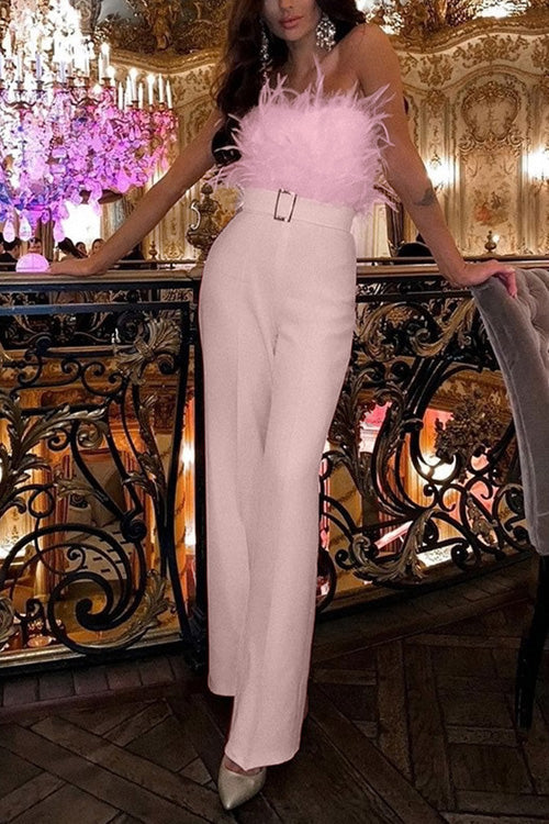 Jumpsuit Slim Senza Maniche con Spalle Scoperte in Piuma Sexy