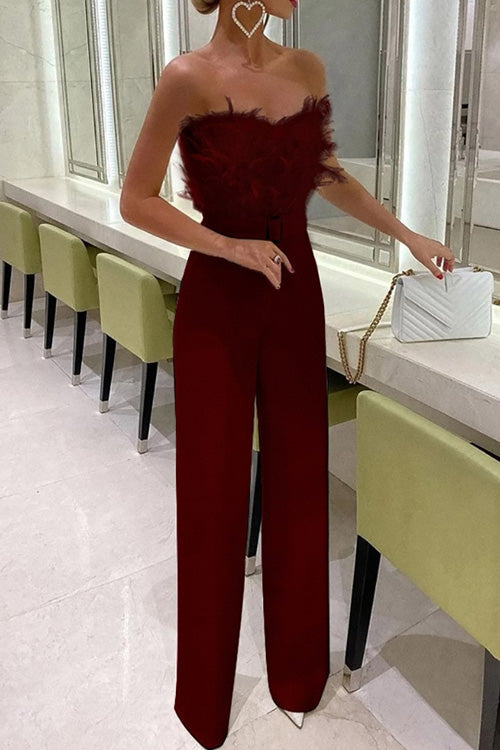 Jumpsuit Slim Senza Maniche con Spalle Scoperte in Piuma Sexy