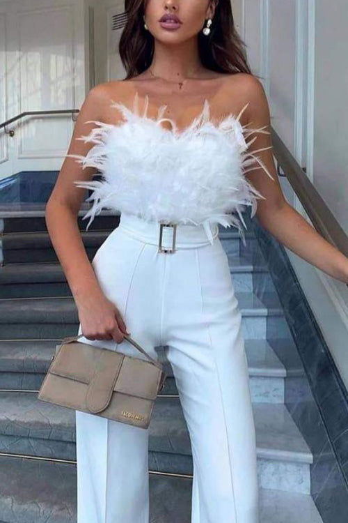 Jumpsuit Slim Senza Maniche con Spalle Scoperte in Piuma Sexy