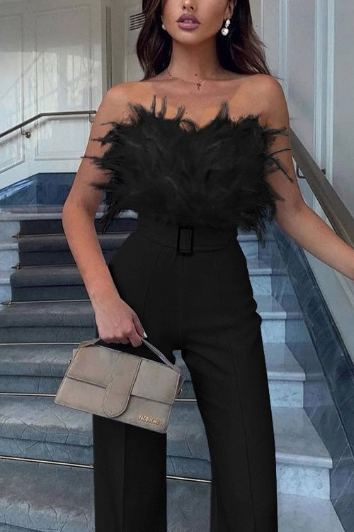 Jumpsuit Slim Senza Maniche con Spalle Scoperte in Piuma Sexy