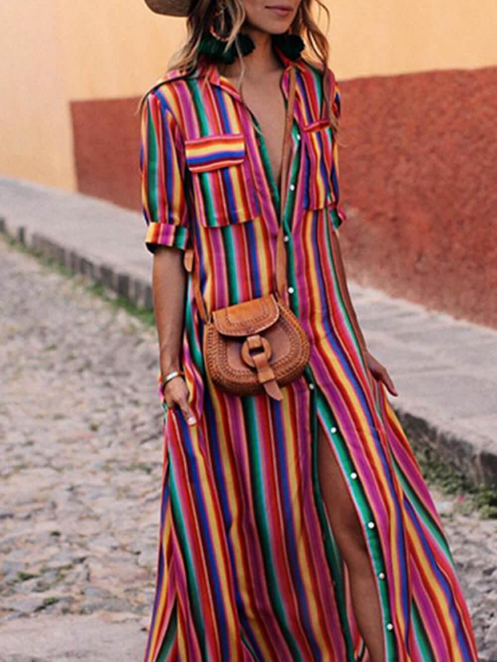 Gonna Maxi con Camicia Stampata a Righe Casual