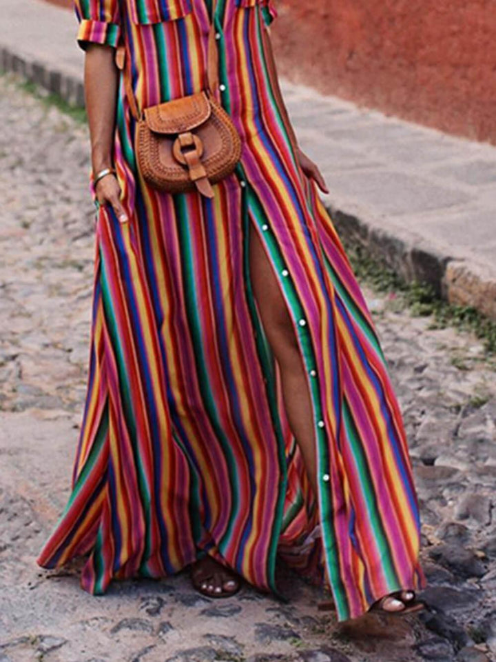 Gonna Maxi con Camicia Stampata a Righe Casual
