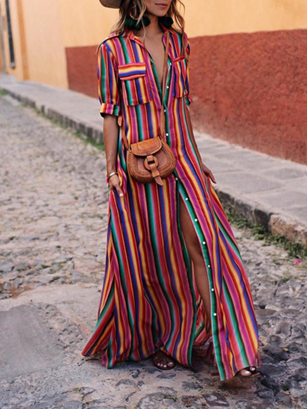 Gonna Maxi con Camicia Stampata a Righe Casual