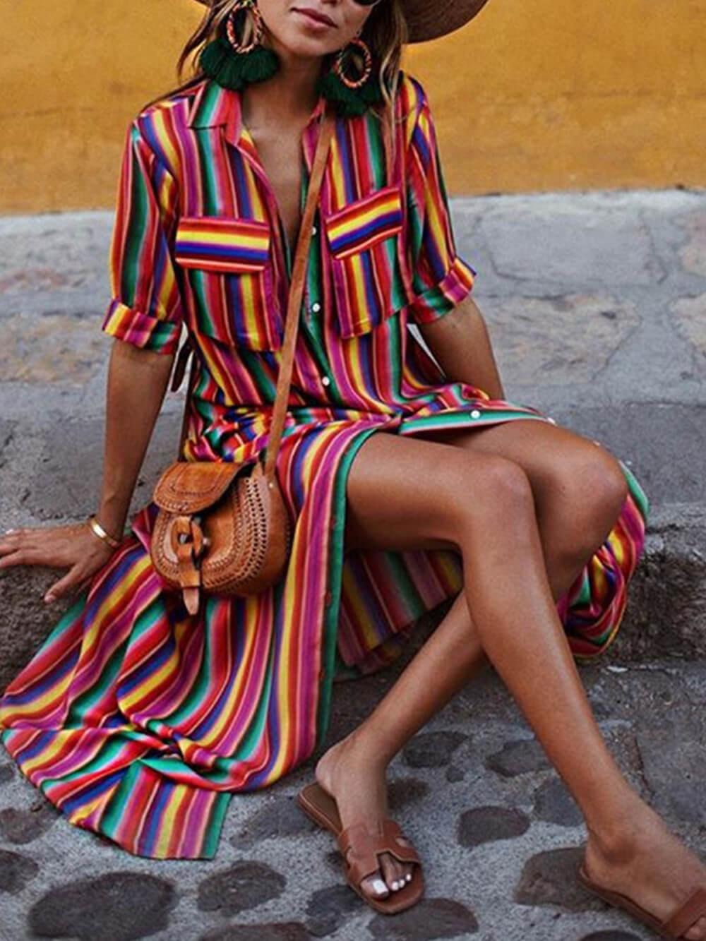 Gonna Maxi con Camicia Stampata a Righe Casual