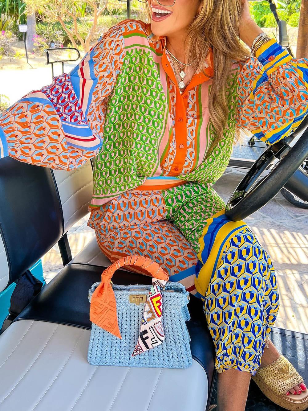 Pantaloni Bloomers Larghi con Tasche e Vita Elastica a Stampa Unica Colorata