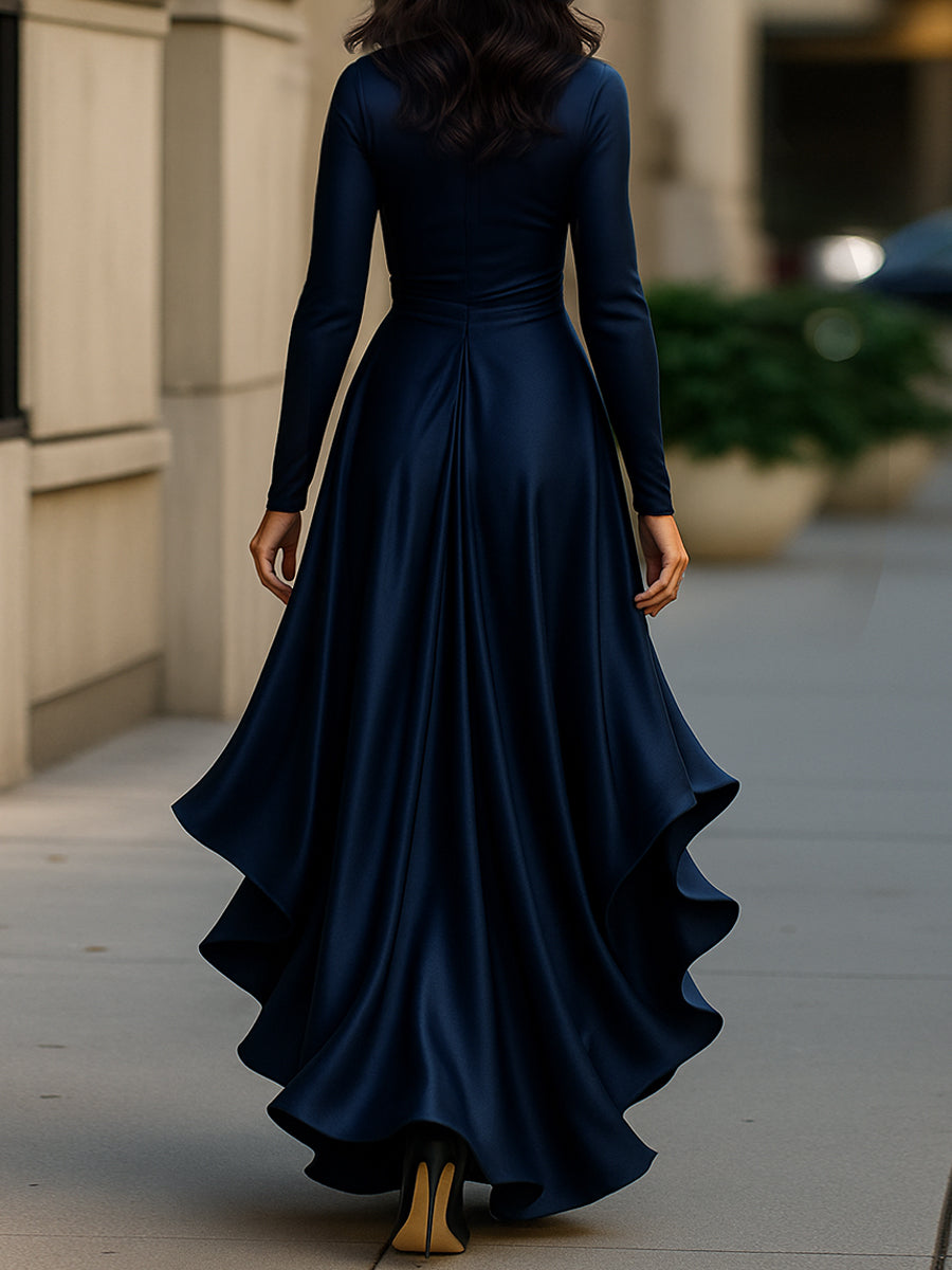 Palma | Abito Maxi in Satin Drappeggiato con Dettagli a Volant