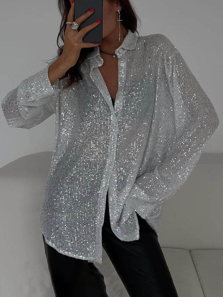 Camicia elegante con colletto e maniche lunghe in paillettes