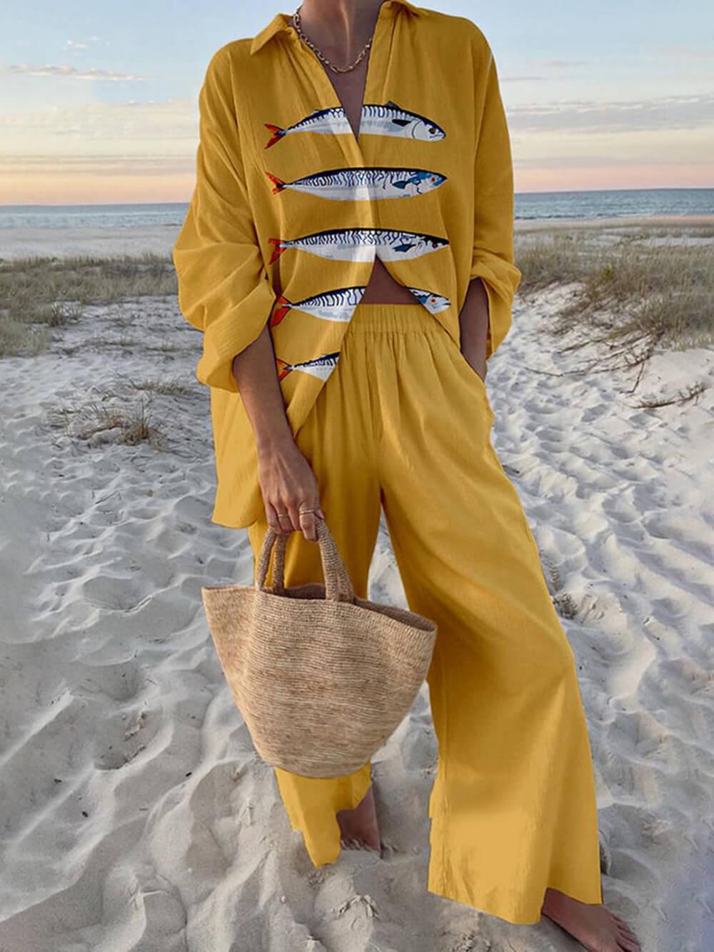Set Camicia Oversize con Stampa Oceanica e Pantaloni con Vita Elastico e Tasche