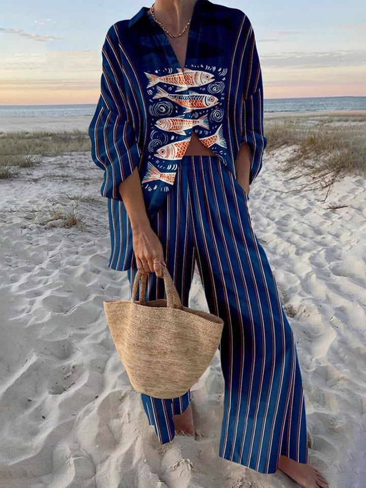 Set Camicia Oversize con Stampa Oceanica e Pantaloni con Vita Elastico e Tasche