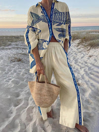 Set Camicia Oversize con Stampa Oceanica e Pantaloni con Vita Elastica e Tasche