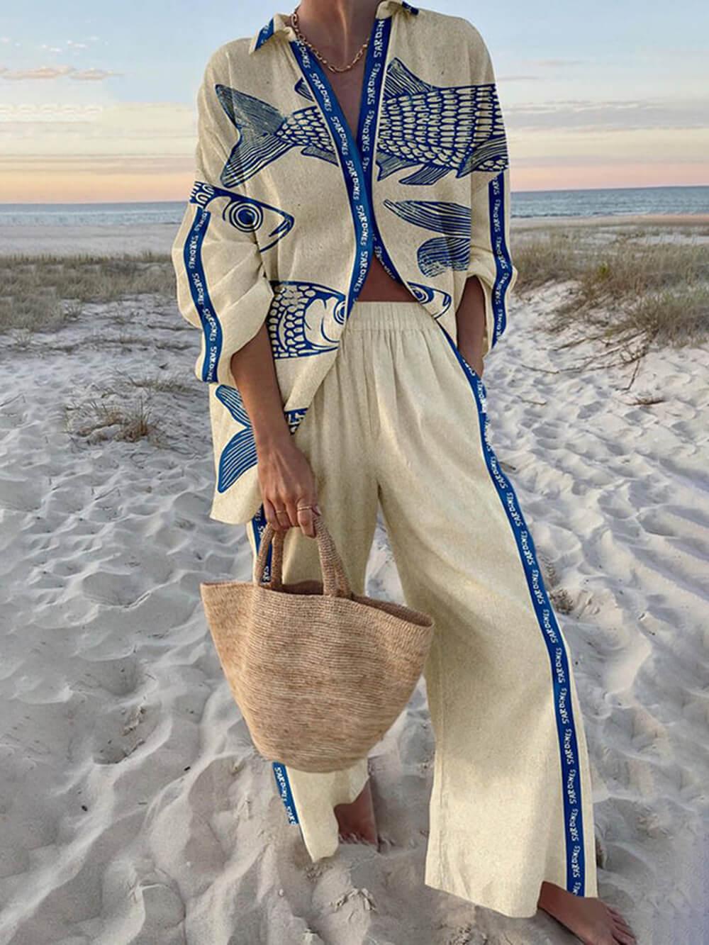 Set di Camicia Oversize con Stampa Oceanica e Pantaloni con Vita Elastico e Tasche