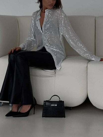 Camicia elegante con colletto e maniche lunghe in paillettes