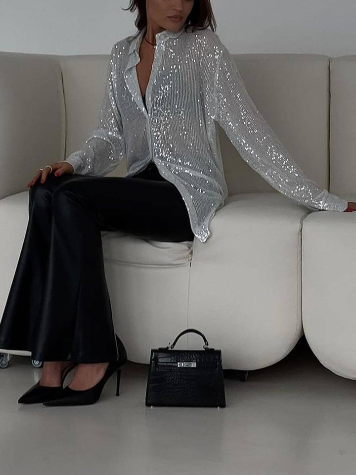 Camicia elegante con colletto e maniche lunghe in paillettes