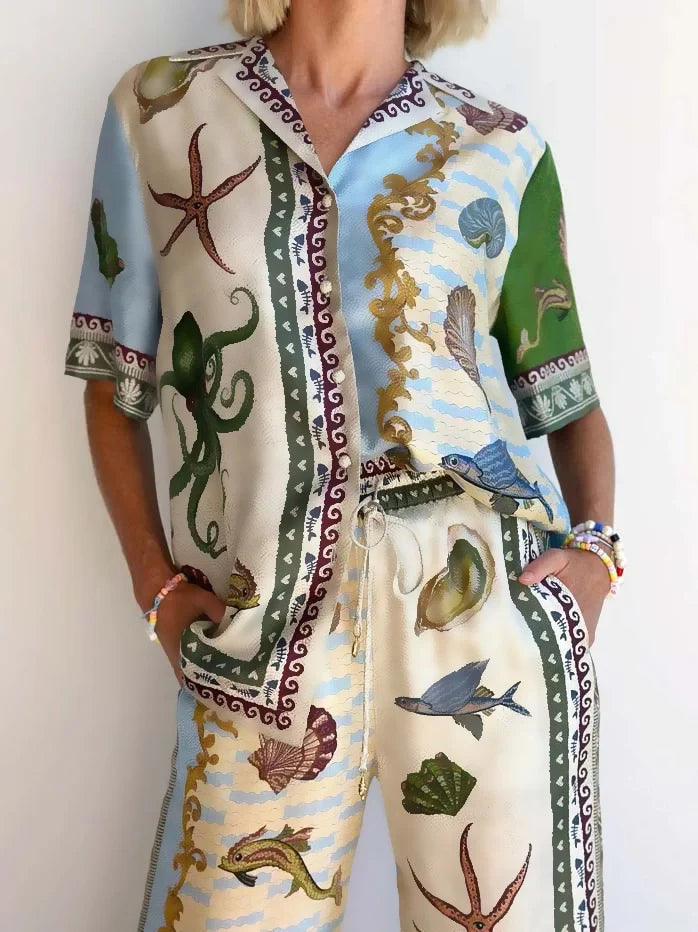 Set di Camicia e Pantaloni Larghi con Stampa Floreale del Profondo Mare