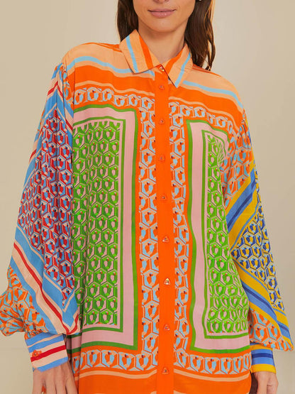 Camicia Larga con Maniche a Palloncino e Stampa Unica Colorata