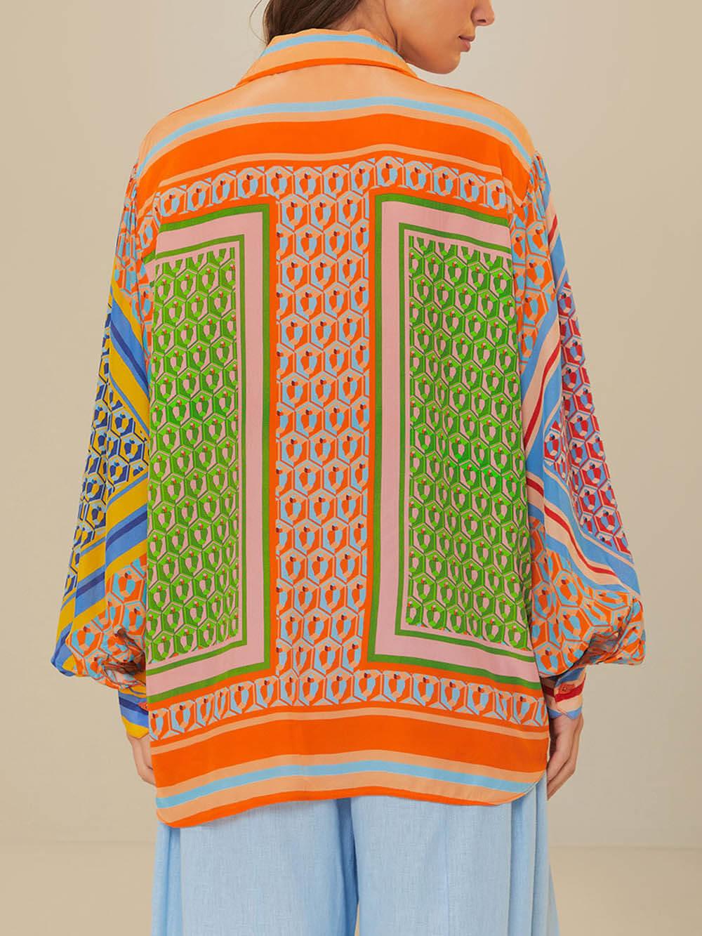 Camicia Larga con Maniche a Palloncino e Stampa Unica Colorata