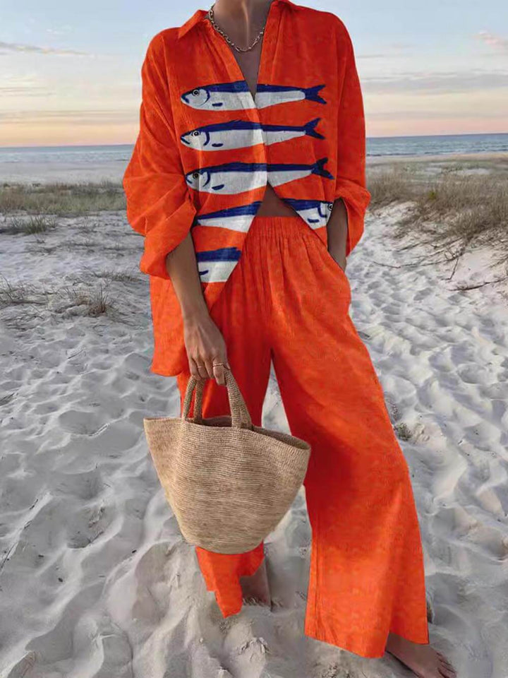 Set di Camicia Oversized a Stampa Unica e Pantaloni a Gamba Larga