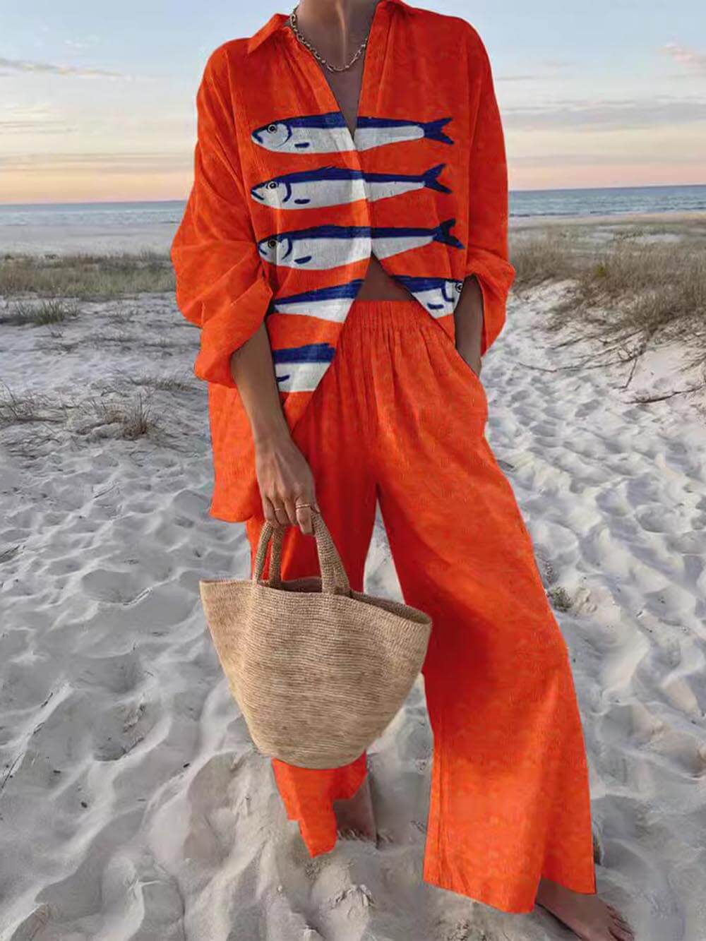 Set di Camicia Oversized a Stampa Casual Unica e Pantaloni a Gamba Larga