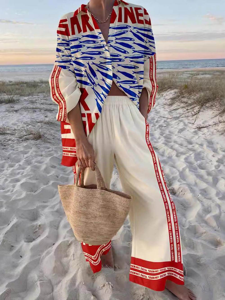 Set di Camicia Oversized a Stampa Casual Unica e Pantaloni a Gamba Larga