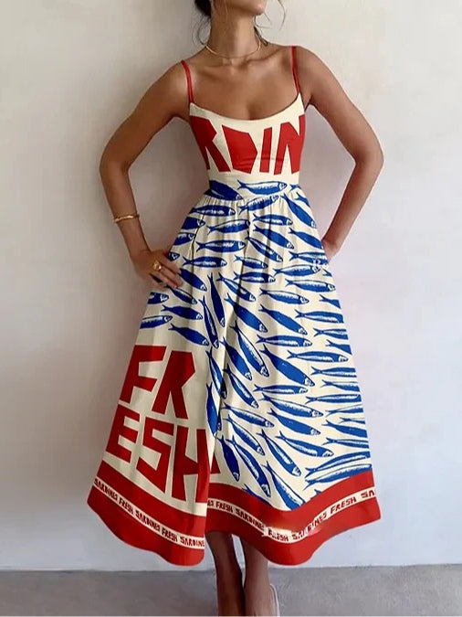 Abito con Bretelle Stampa Vintage Sardine