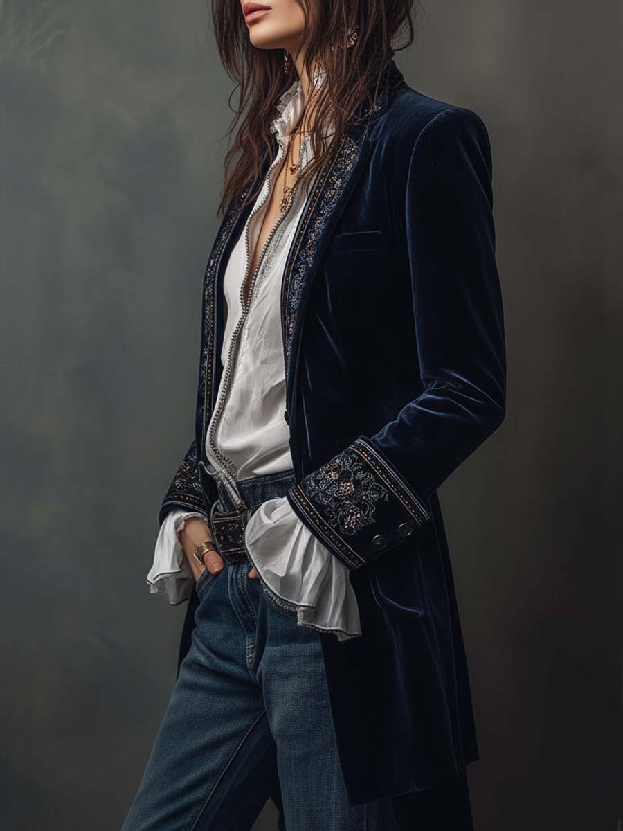 Giacca Lunga Vintage Ricamata da Donna in Blu Navy