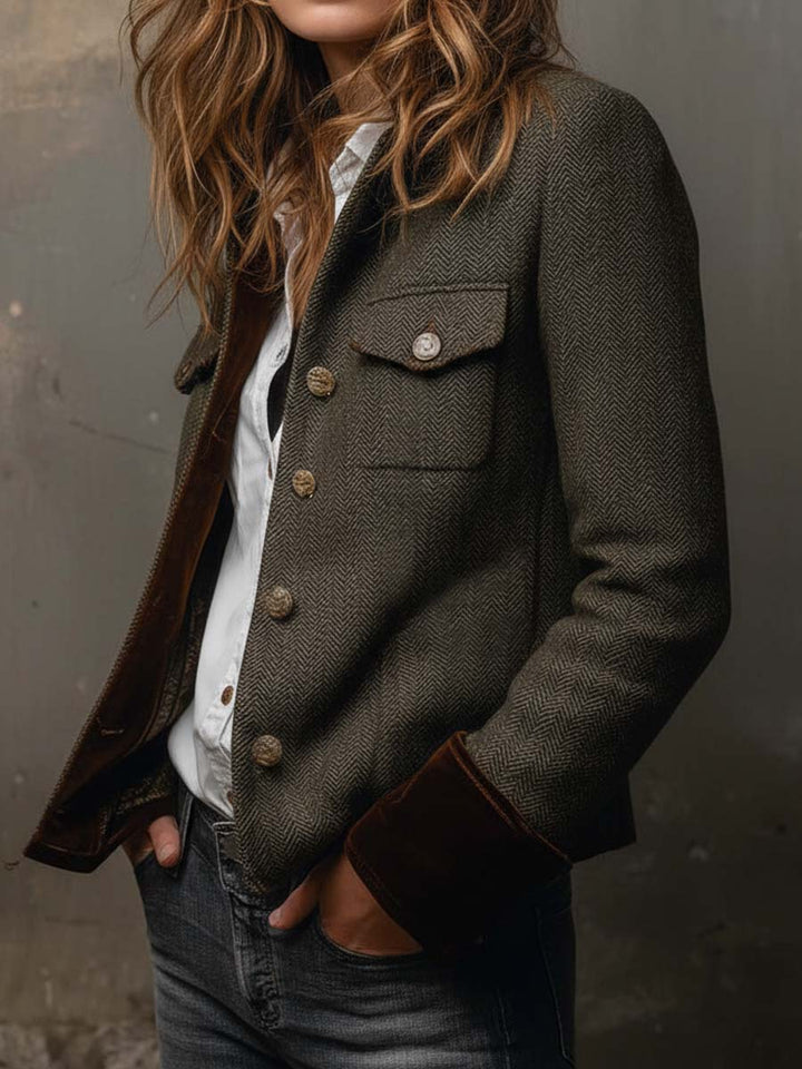 Blazer Vintage Femminile con Rifiniture a V Chevron