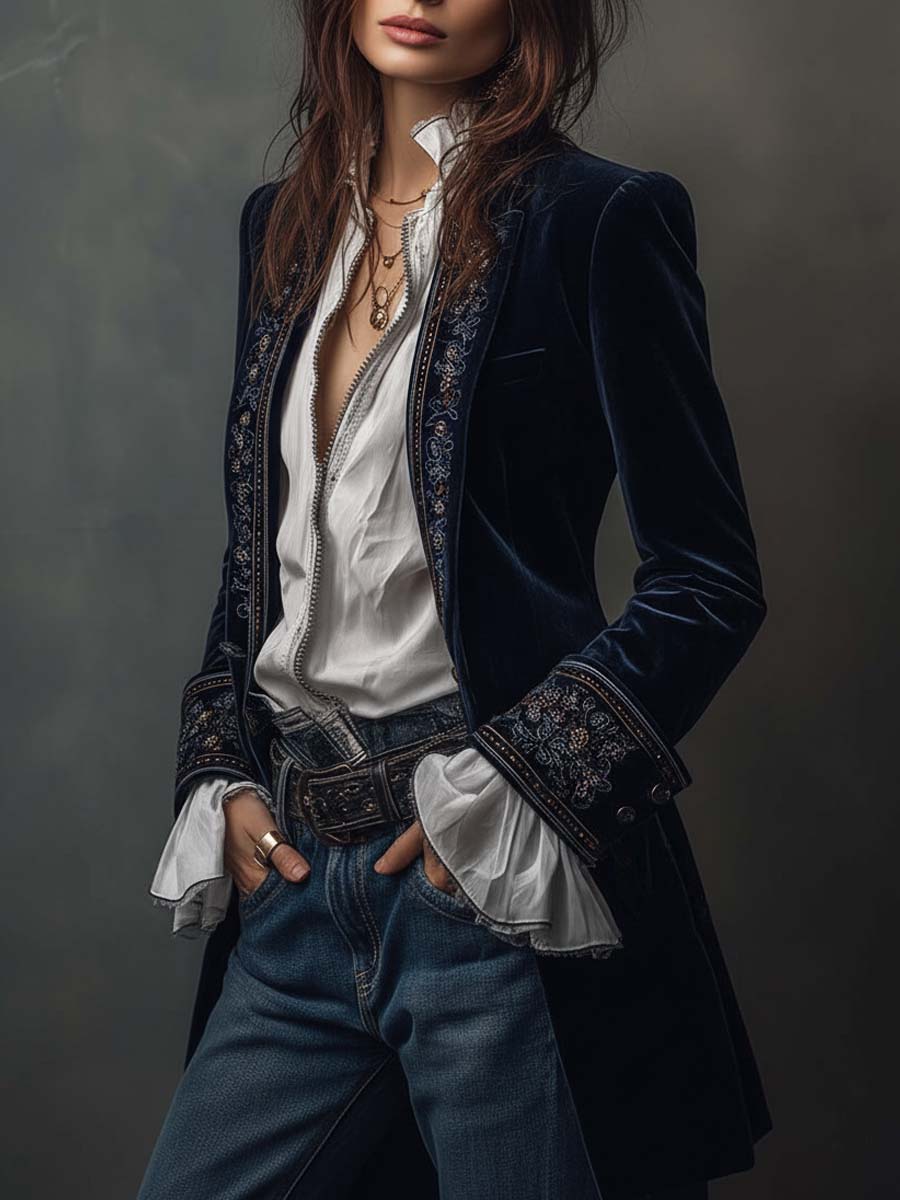 Giacca Lunga Vintage Ricamata da Donna in Blu Navy